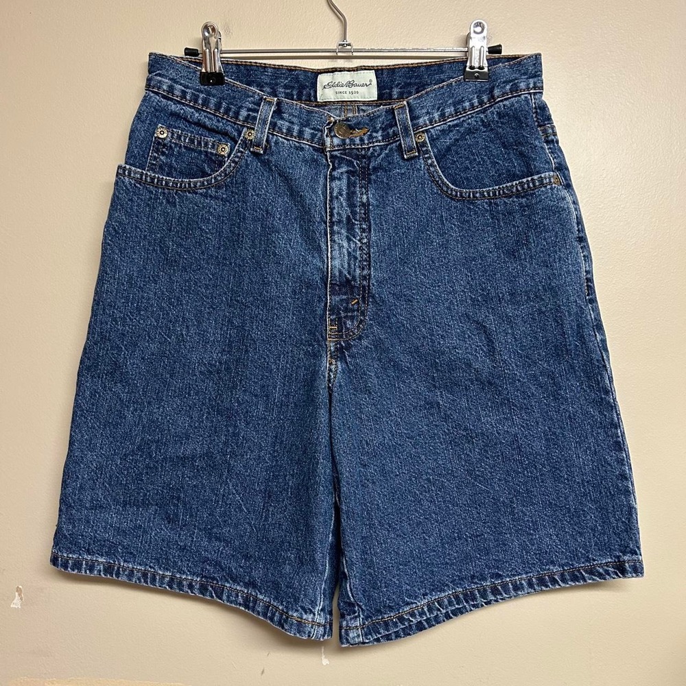 Vintage Eddie Bauer 90s Dark Wash Navy Blue Denim Jean Shorts Womens 8 Tall 28